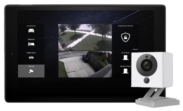 A dashboard with security cameras' view displayed in a tablet next to an IP camera.