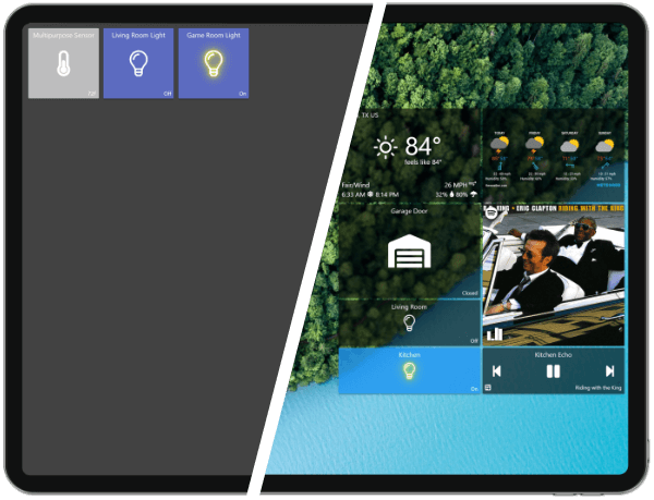 Two different styles of smart home dashboards displayed on an iPad Pro with split line in between.
