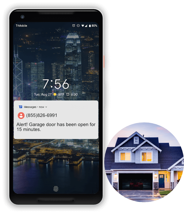 An open garage alert notification displayed in a mobile phone screen.