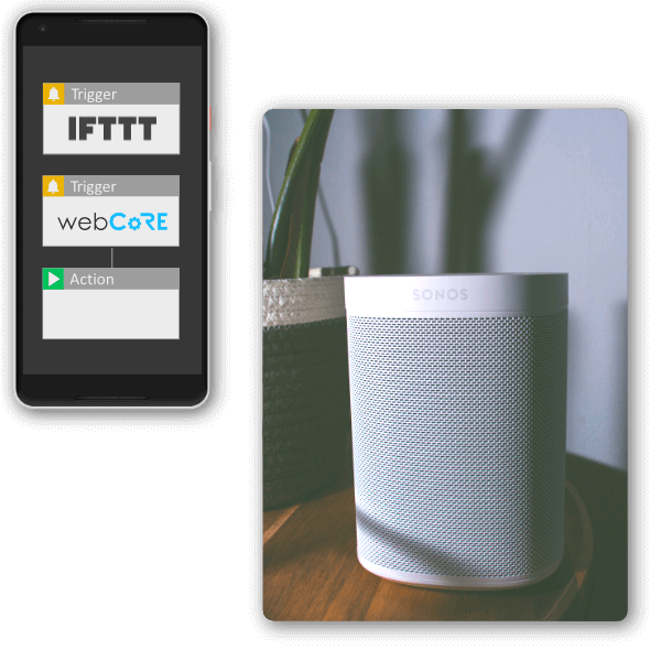 Smart Home dashboard displayed in iPad and rule automation editor displayed in a phone.